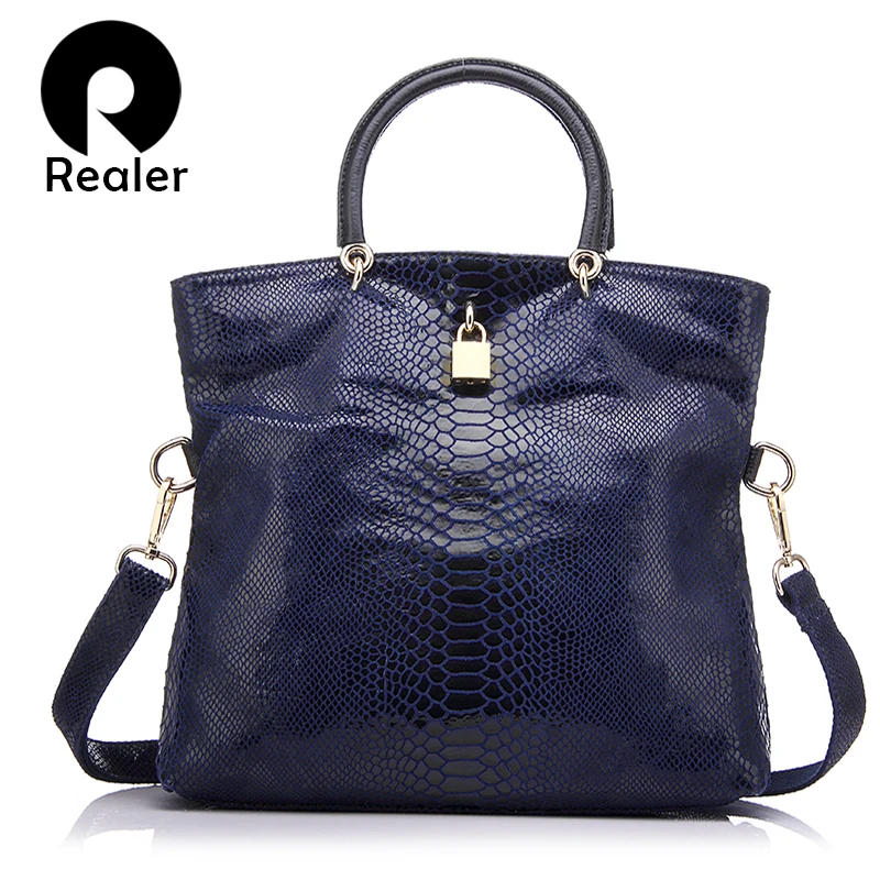 

REALER Genuine Leather Bags for women Snake Pattern Tote Bag Top Quality Leather Handbags Evening Clutch Female Shoulder Bag