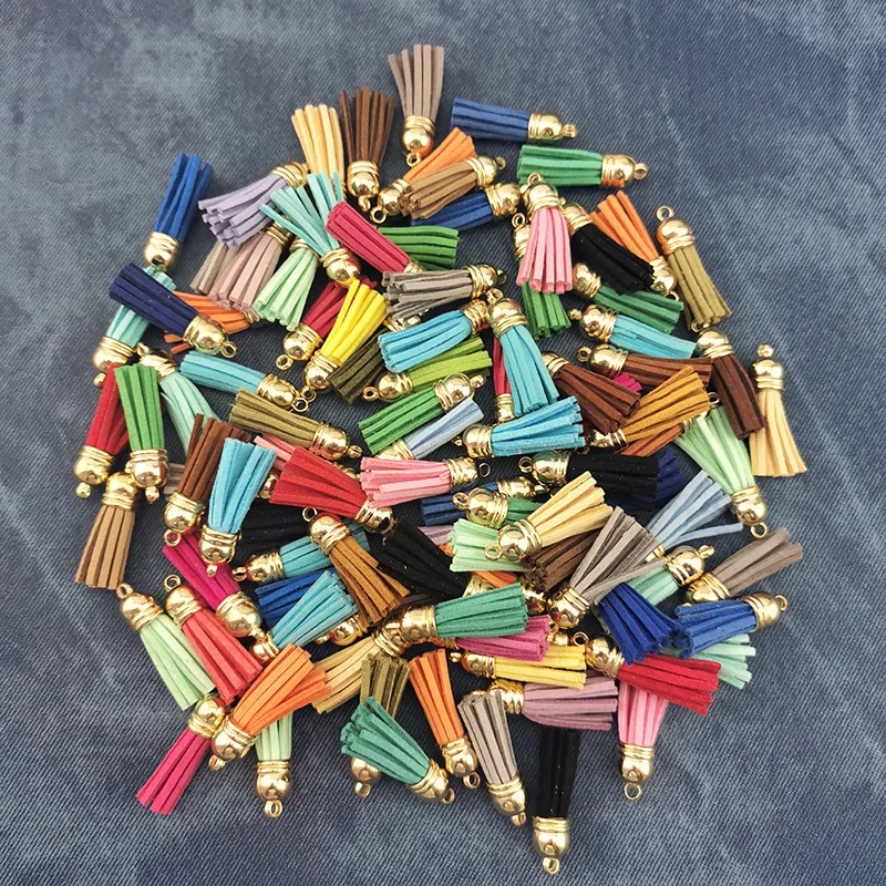 (100 Pcs/pack) 38mm Golden Hat Tassel Vintage Leather Fringe For Purl Macrame DIY Jewelry Keychain Cellphone Straps Pendant