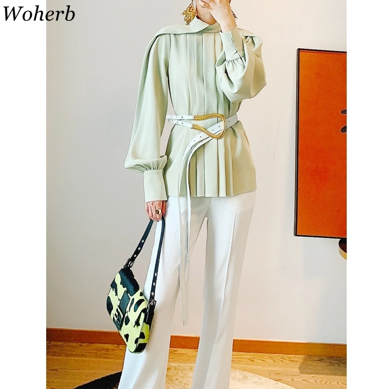 

Woherb Women's Shirts Blouse Top Female Asymmetric Long Lantren Sleeve Loose Casual Pleated Blusas Spring Clothes Fashion Korean