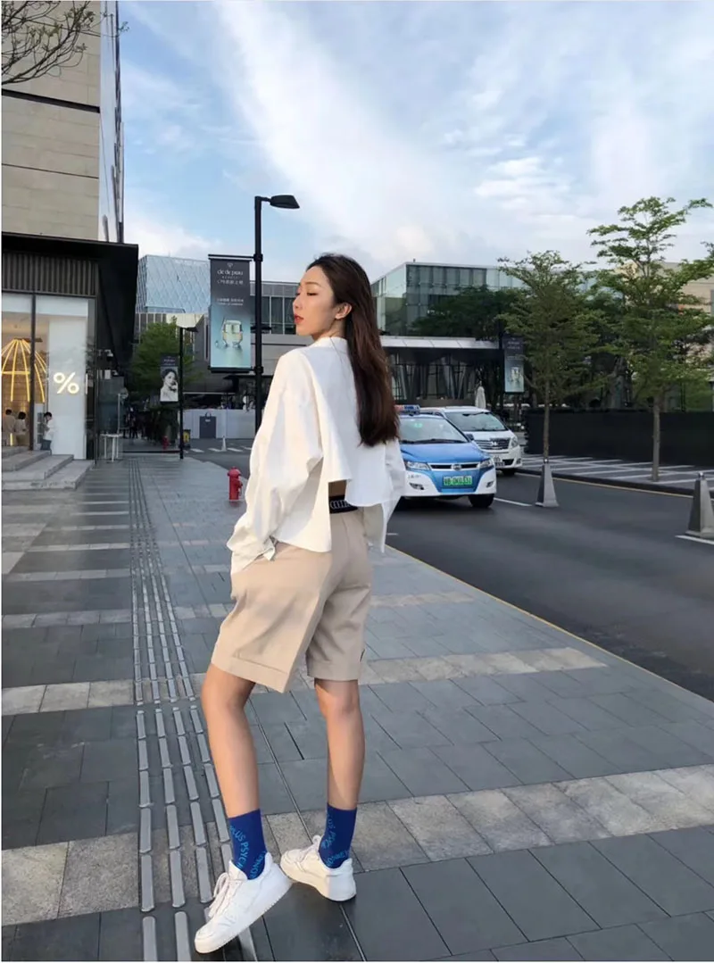 

High Street Ader Error Irregular Length Shirts Women Hip-Hop Style Solid Color Shirts White Ader Error Button Type Shirt