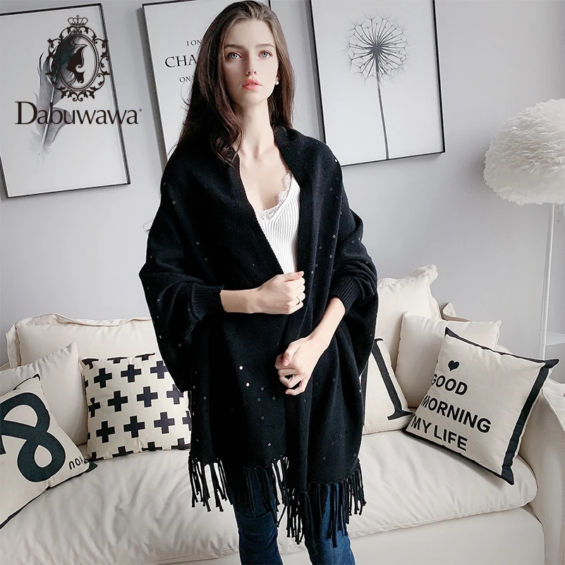 

Dabuwawa Tassel Solid Drop Shoulder Knitted Sweater Women Tops Autumn Long Sleeve Scarf Neck Oversized Sweaters DN1DKJ008