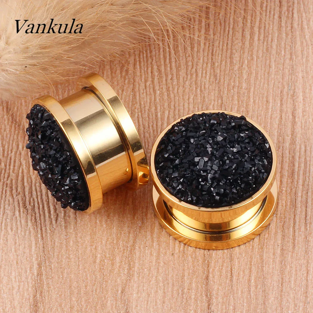 Vankula 2PCS 316L Stainless Steel Ear Plugs and Tunnels with Natural Stone Ear Plug Tunnels PVD Coating Women and men Jewelry