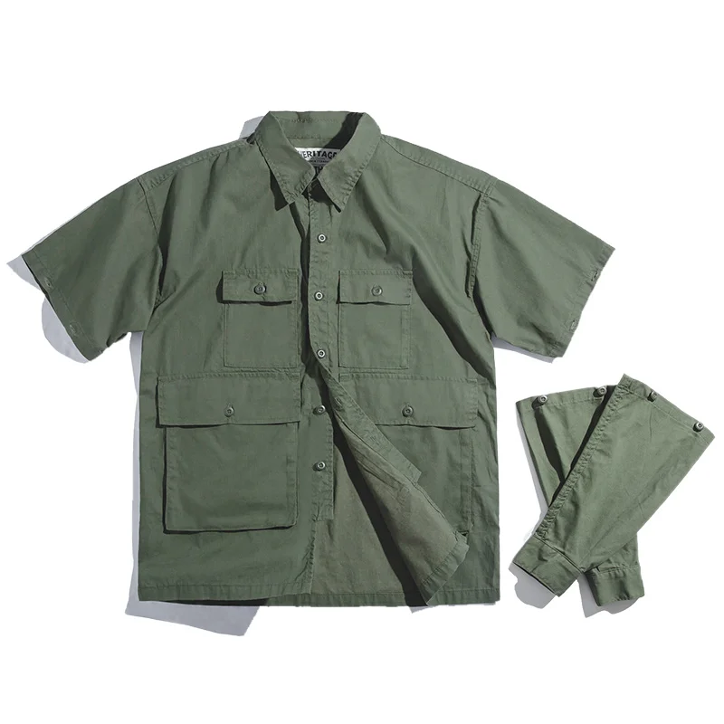 Maden Men's Retro Army Green Detachable Sleeve Shirt Vintage Big Pocket Shirt Men - Цвет: Green