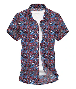 

Spring and Summer 2020 Men's Beach Shirt Hawaii Short Sleeve Flower Shirt Men's Red and Blue
