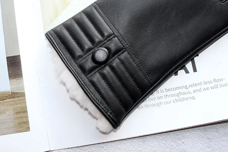 Winter Thickened Warmth Touch Screen Sheepskin Gloves Female Leather White Rabbit Fur Lining Outdoor Windproof Increase Finger