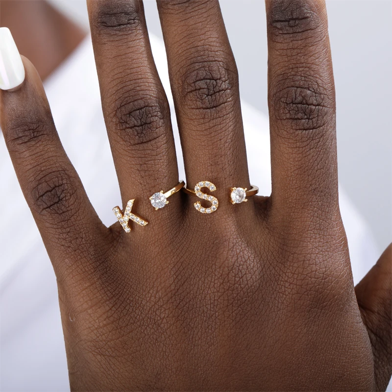 Initial A-Z 26 Letter Rings For Women Stainless Steel Gold Adjustable Opening Ring Name Alphabet Female Wedding Jewelry Gift