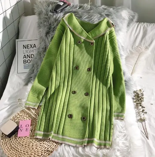 winter new knitted women sweater and cardigan turn-down collar solid double breast solid lady female outwear coat tops - Color: green