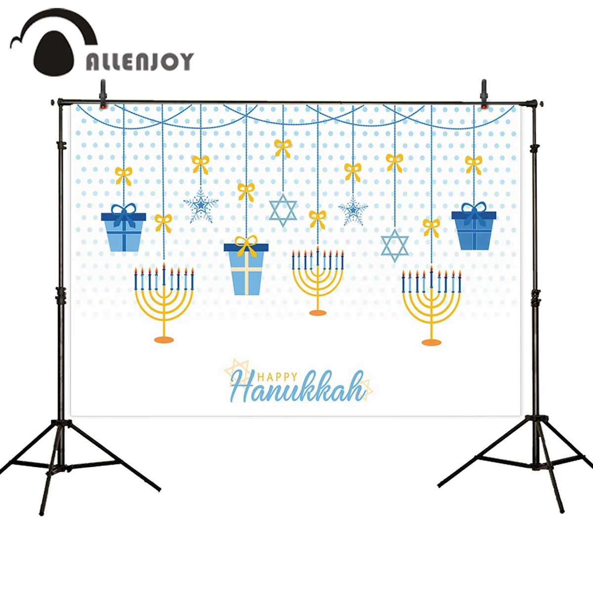 

Allenjoy Candle Light Party Curtains Gift Stars Snowflake Dot White Festival Jewish Anniversary Banners Happy Hanukkah Backdrops