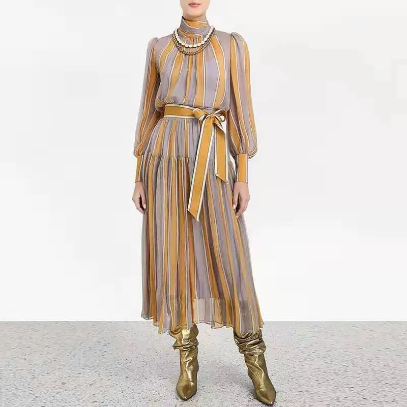 

HAMALIEL Brand Designer Dress 2019 Autumn Women Hit Color Striped Bow Print Long Dress Fashion Lantern Sleeve Runway Maxi Dress