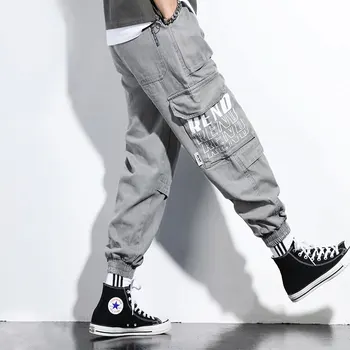 

Fashion Streetwear Men Jeans Loose Fit Gray Big Pocket Casual Cargo Pants Slack Bottom Elastic Waist Hip Hop Joggers Pants Men