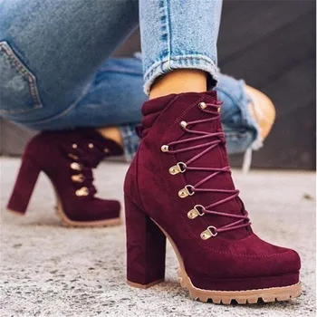 

Women High Heels Ankle Boots Cross Straps Plus Size Waterproof Platform Fashion Women High Heels Casual Solid Ankle Boots 2020