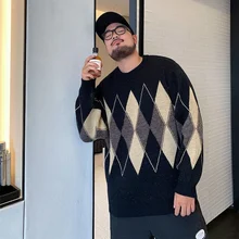 

Rhombus Sweater Autumn Winter Large Size Loose Men's Knitwear Korean Fashion Male Vintage Sweaters Black Top Daily Sweater Coat