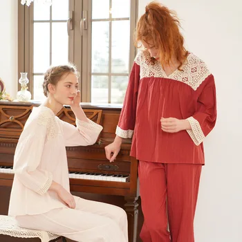 

Sleepwear Pajama Set For Women Casual Nightgown Long Sleeve Turn-down Collar Loose Sweet Skin-friendly Ladies Home Clothing