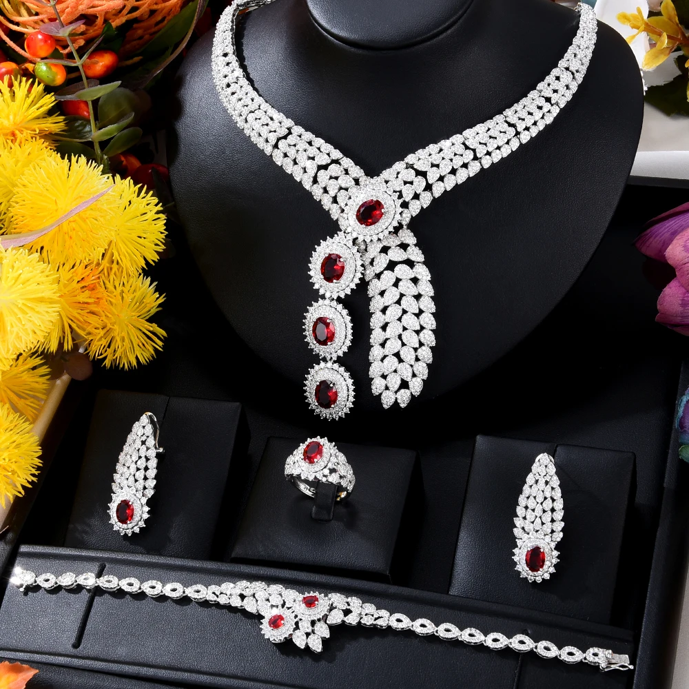 

KellyBola Luxury Boutique African Indian Bride Zircon Necklace Earrings Bangle Ring 4PCS Dubai Wedding Banquet Trend Jewelry Set