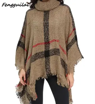 

2019 Europe America Autumn Winter New Cloak High Collar Shawl Black Khaki Red Fashion Plaid Pullover Knitted Sweater Coat Female