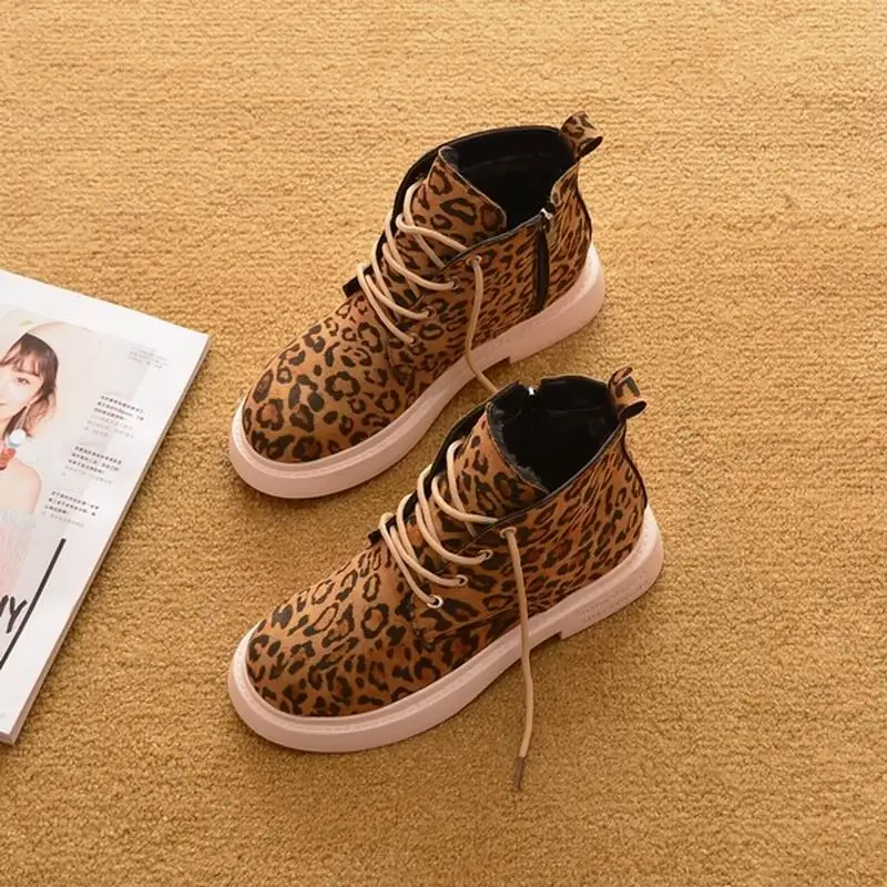 

Boots Women 2019 New Hot Flat with Leopard Print Booties Fashion Joker Sexy Warm Comfortable Lace Martin Snow Boots