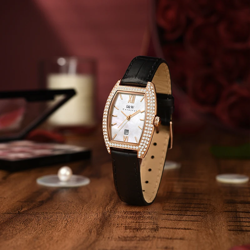 Relojes Para Mujer I&W New Switzerland Made Tonneau Quartz Watch Women Sapphire Calendar Leather Waterproof Ladies Watches 2021