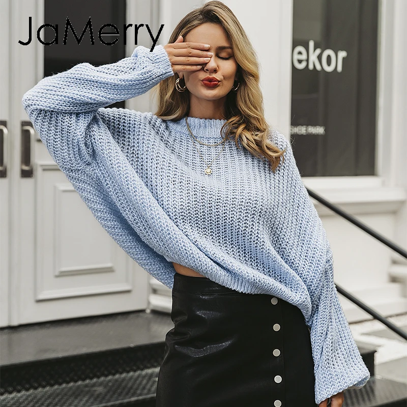 Женский вязаный свитер с рукавами-фонариками JaMerry свободный красный круглым