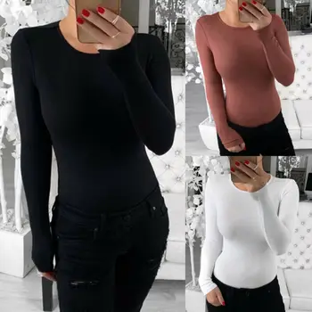 

Women Bodysuits Slim Long Sleeve Bodysuit Leotard Tops Blouse Jumpsuit Rompers Solid Color