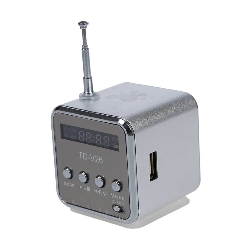 TD-V26 портативный мини-цифровой динамик с Micro SD/TF/USB/FM-серебристый-с 1 usb-кабелем и 1 аудиокабелем