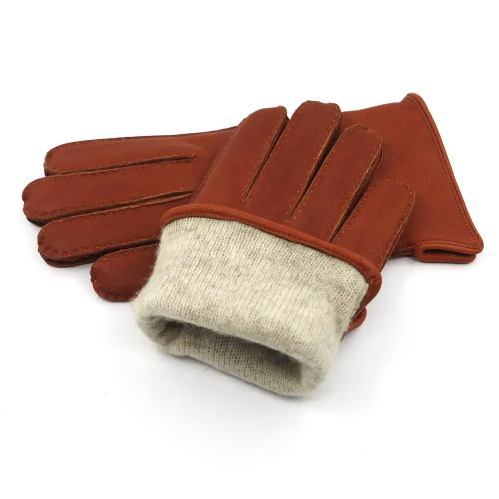 Harssidanzar Mens High-end Canada Deerskin Leather Glove Finished Cashmere lined