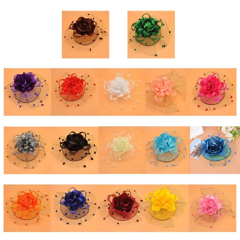 Womens Kids Girl Mesh Veil Hat Hair Clip Elegant Ribbon Big Flower Solid Color Fascinator Small Plush Wave Point Bridal Wedding mesh girl s headdress rabbit hair snap carrot ornament side hair grab kids cartoon hairpin korean style barrette baby hair clip