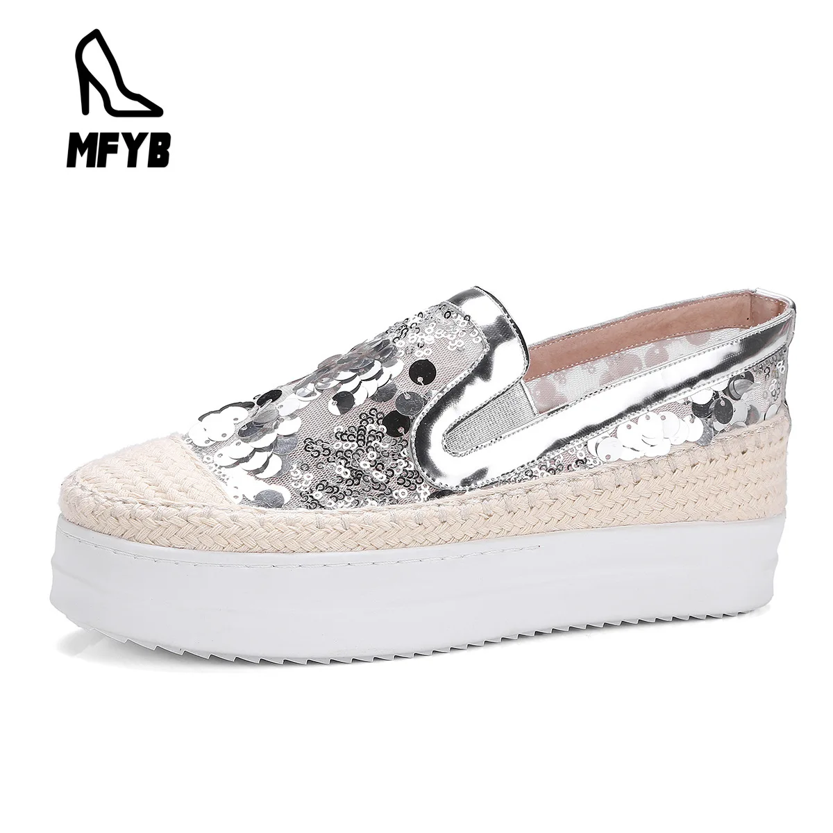 

MFYB Women's vulcanized shoes 2019 autumn new sequins casual leather Lok Fu shoes single shoes large size 34-43