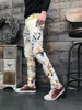 Men's Casual Spring Summer Flower Print Jeans Bar Club Fashion Trousers Colored Drawing Slim Elastic Cotton Denim Pants ► Photo 2/6