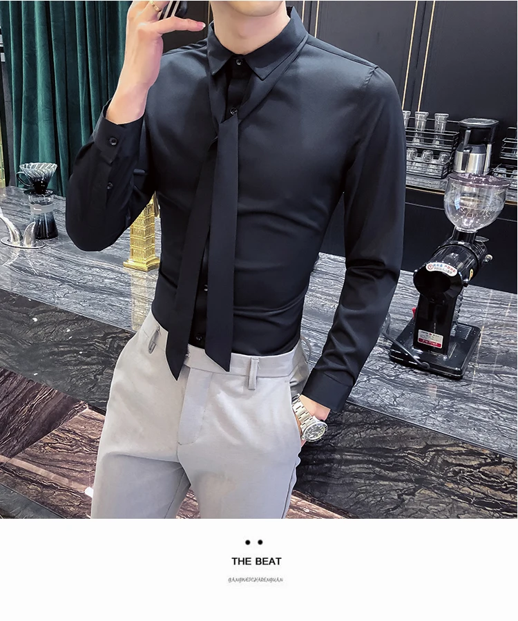 Повседневная рубашка с галстуком, мужская рубашка camisa masculina, с длинным рукавом, корейское платье, приталенный смокинг, рубашки, модные мужские Клубные вечерние рубашки