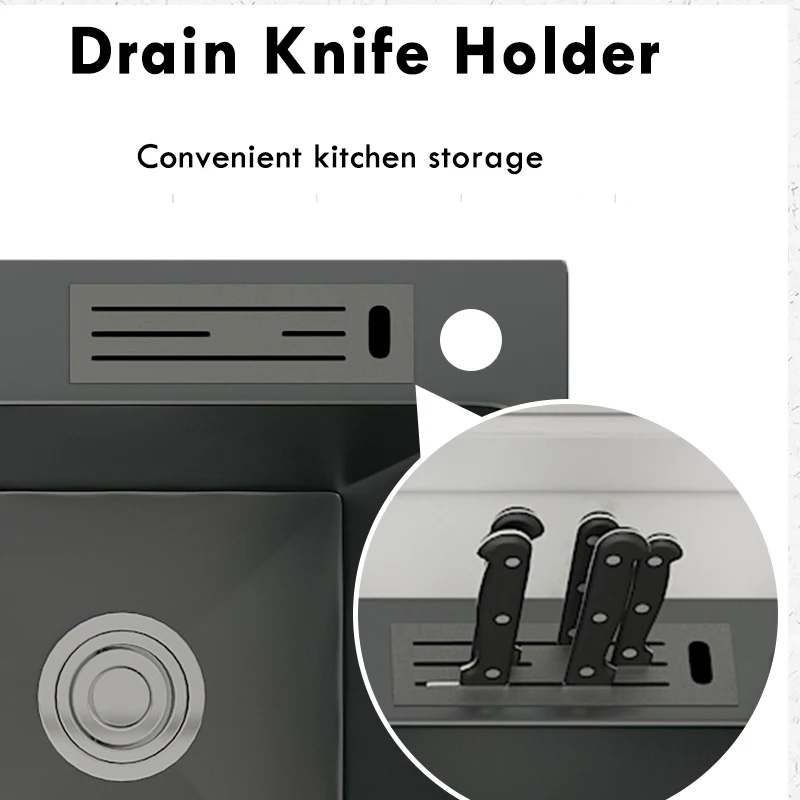 304 Stainless Steel Double Bowls Kitchen Sink With Knife-Holder Drop-in Or Undermount Dark Gray Basin With Drainage Accessories