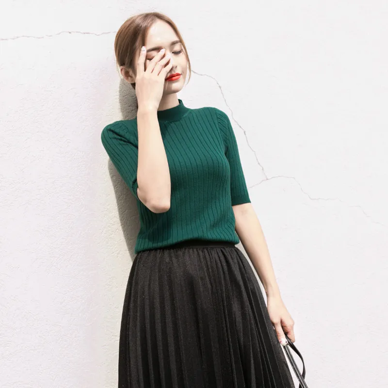2017 New knitted Slim Pullover Women Turtleneck Knitted Sweater Spring Summer All-match Basic Thin Half Sleeve Tops Clothing