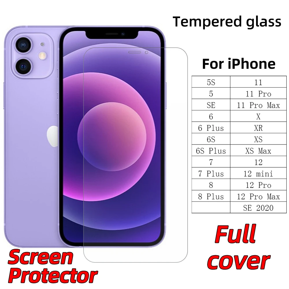 Защитное стекло закаленное с полным покрытием для iphone XS Max XR X 5S 6 6s 7 8 Plus 11 12 Pro SE 2020 |