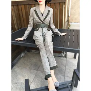 

2019 Autumn women's new tie suit two-piece suit] stitching lattice suit + trousers fashion suit female