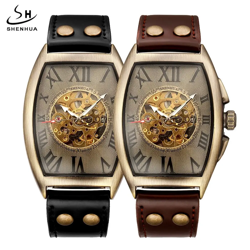 

Vintage Watch SHENHUA Men Mechanical Automatic Skeleton Watches Steampunk Leather Bronze Watch Man Clock Montre Homme