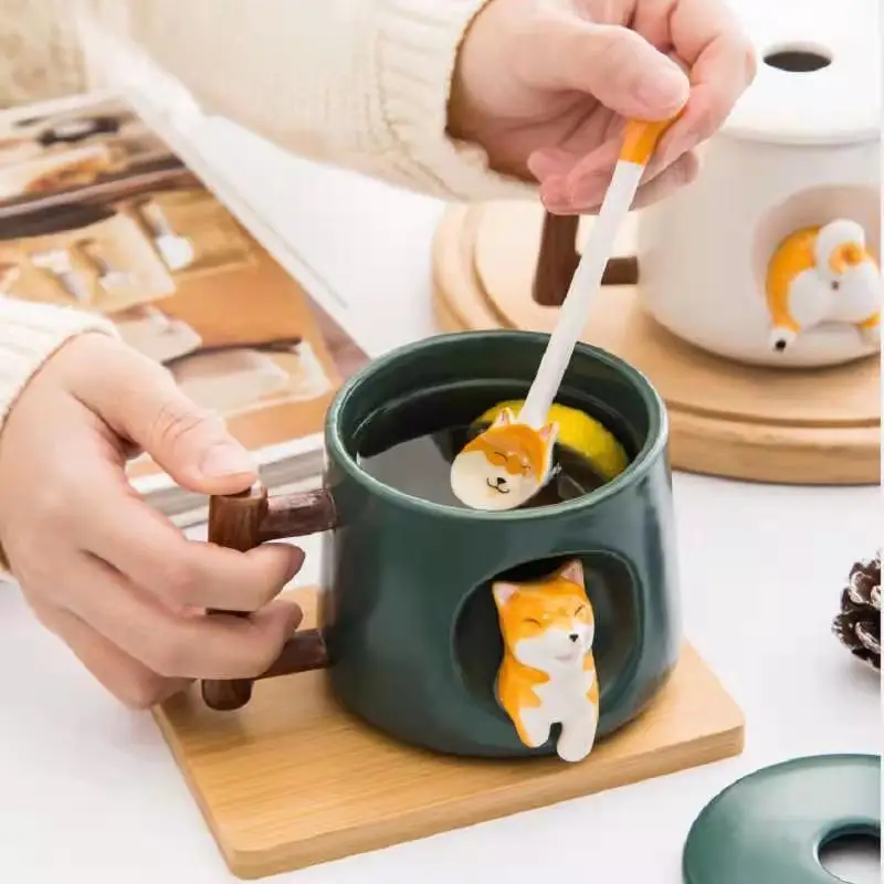 

Coffe Cups Ceramic Travel with Lid and Spoon Christmas Gift Ideas Kawaii Cute Shiba Inu Ceramic Mug Set personalized Nordic Mugs