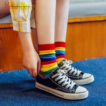 

Stockings Women Rainbow Striped Winter Warm Stockings Cotton Funny Womens Cute Sexy Long Mid-calf Stockings Medias De Mujer 19Ot