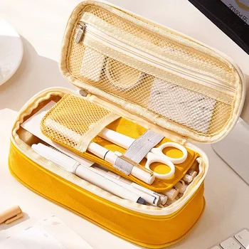 

Cute Macaron Color Pencil Case Large Capacity Double Layer Canvas Pencil Bag Storage Cosmetic Bag School Stationery