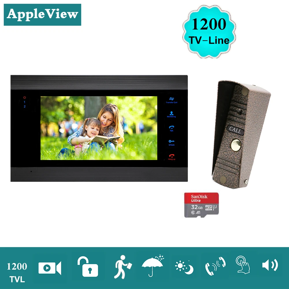 

Video Doorbell Home Intercom Video Door Phone 7 inch Monitor 1200TVL Doorbell Camera 32G Memory Card Video Intercom Kit