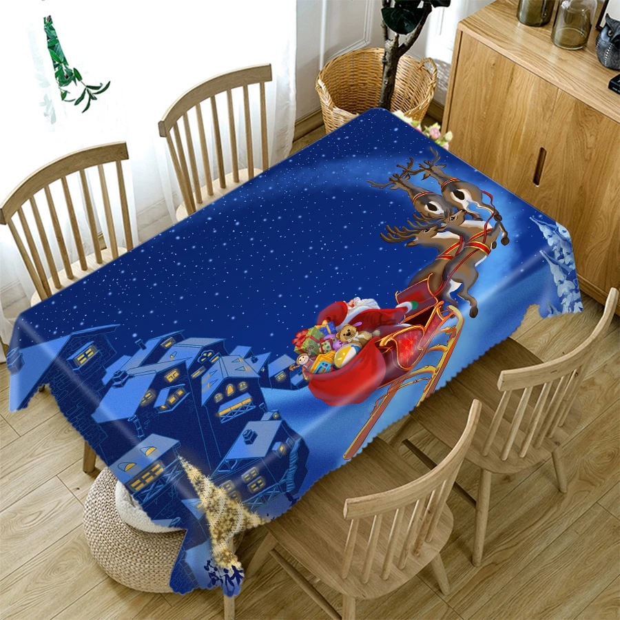 3d Christmas Tablecloth Snow Santa and Elk Pattern Thick Cotton Cloth Rectangular Round Table Cloth for Christmas