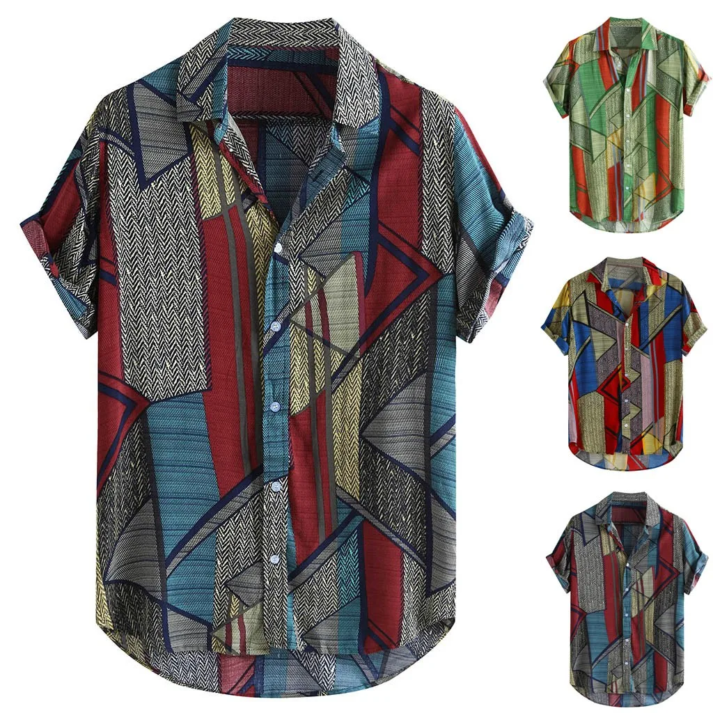 Мужские этнические стиль летние свободные пуговицы с коротким рукавом Повседневная рубашка блузка Топы Весна многоцветный ретро блузки рубашки топы