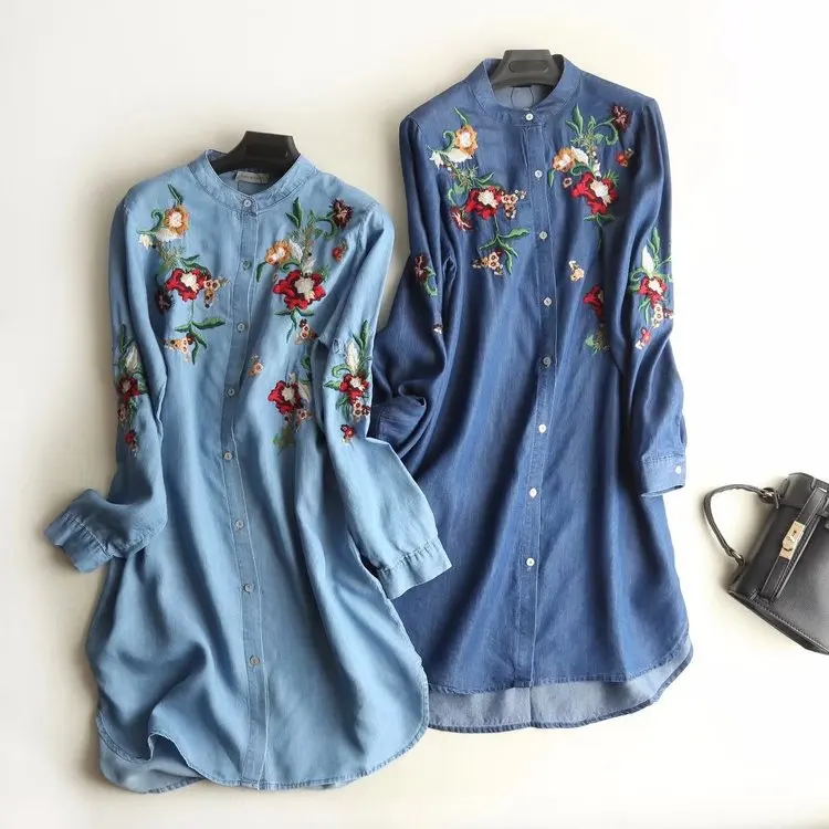

Loose-Fit Stand Collar Tencel Denim Skirt Women's Spring Color Flower Embroidered Mid-length Shirt Dress S7100