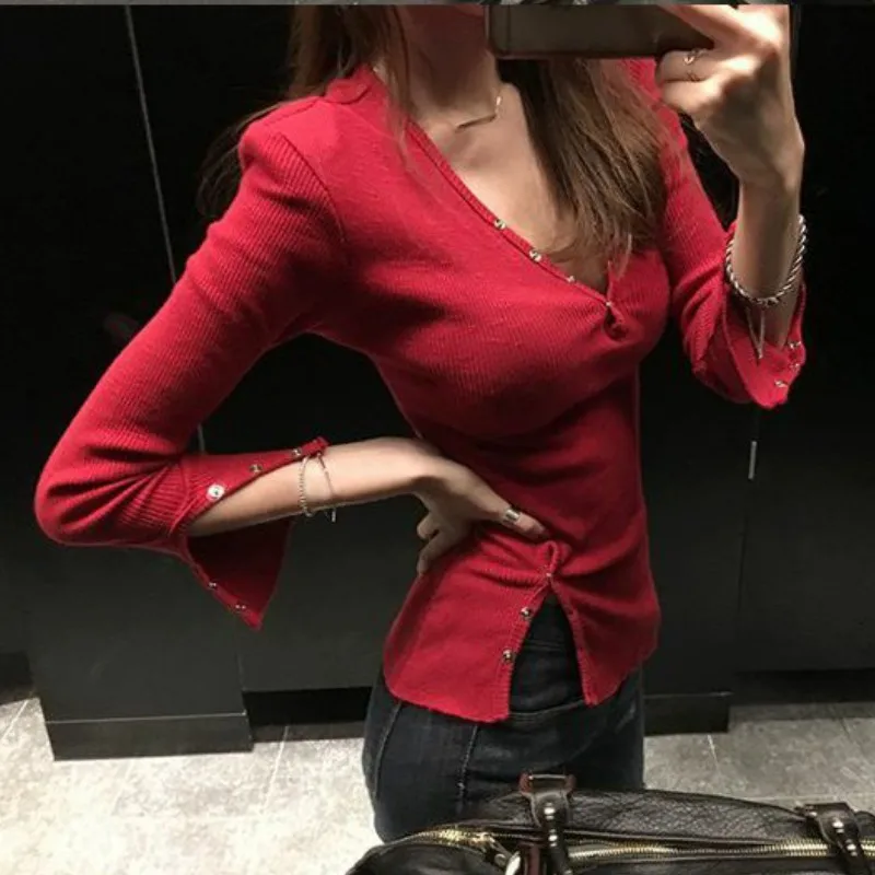 Футболка женская трикотажная с V образным вырезом и длинным рукавом|fashion t shirt women|t