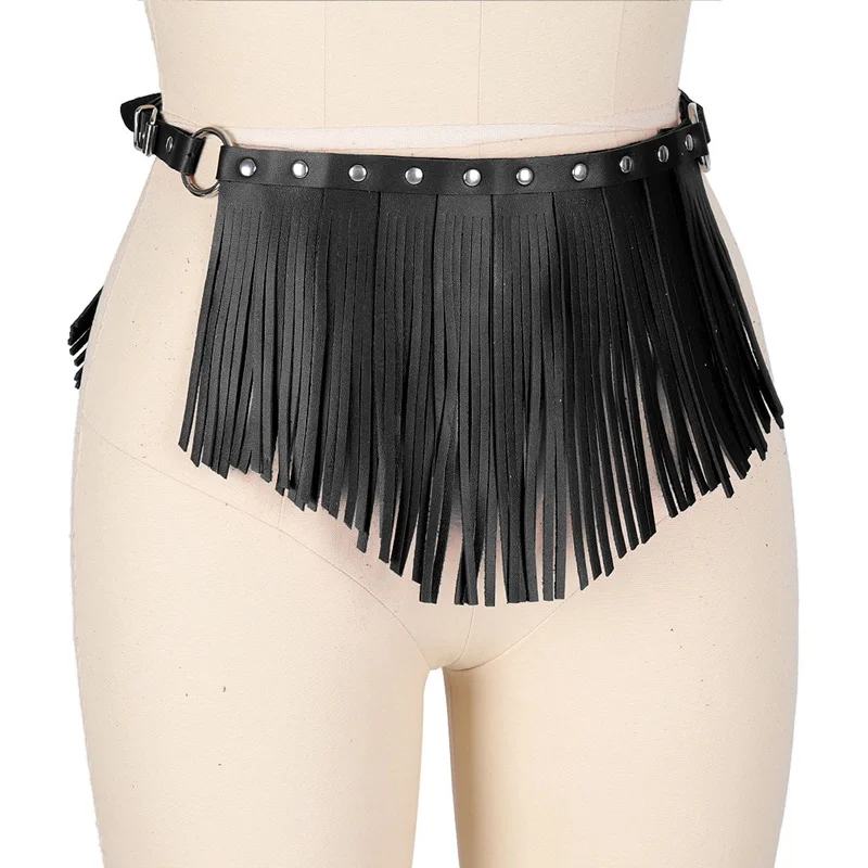 Black Tassel Leather Harness Garter Cage Waist Sexy Lingerie Belt Fetish Punk Gothic Bondage Adjust Club Party Wear for Women
