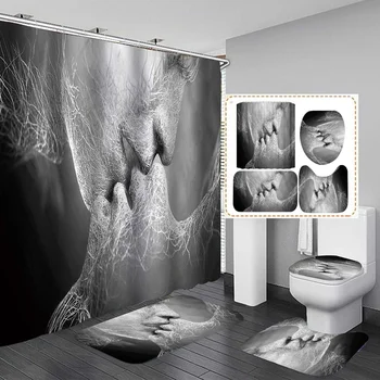 

Abstract Art Kiss Bathroom Shower Curtain Waterproof Polyester Bath Curtain Mat set Toilet Seat Mat Anti-slip Floor Mat Rug