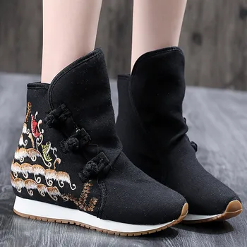 

Fashion Women Wedges Boots Female Embroidered Canvas Ankle Boots Sports Buckle Strap Shoes Ladies Height Increasing Casual Boots
