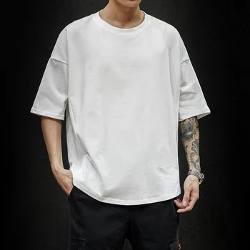 

HCXY Pure cotton t-shirt for men short sleeve mens loose t shirts round neck solid color T-shirt 4XL 5XL large size