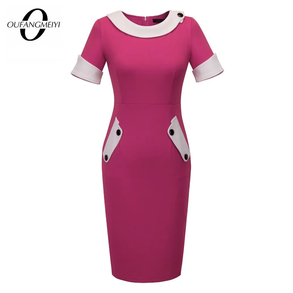 

Short Sleeve Solid Buttons Bodycon Women Dresses Elegant Office Ladies Round Neck Pencil Dress With Pocket E832