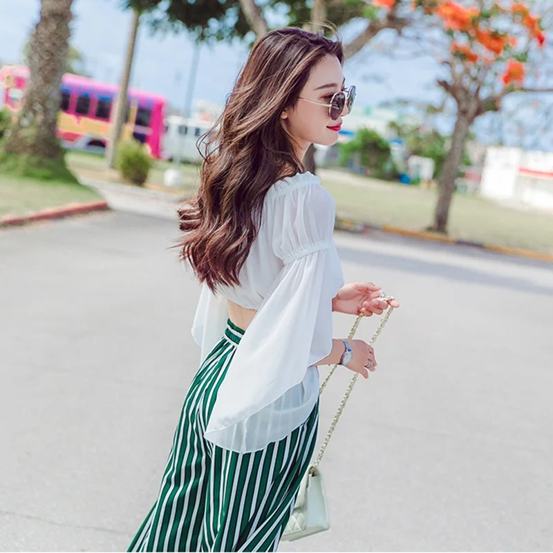 

Photo Shoot Normcore Style INS Bell Sleeve Chiffon Shirt Midriff WOMEN'S Suit High-waisted Slit Retro Green Loose Pants