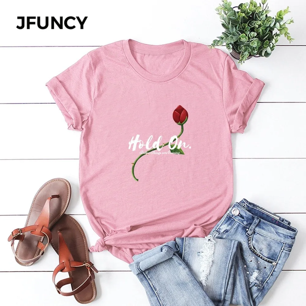 

JFUNCY Plus Size Women T-shirts Summer Budding Rose Printed T Shirt Female Short Sleeve Cotton Tshirt Woman Casual Loose Clothes