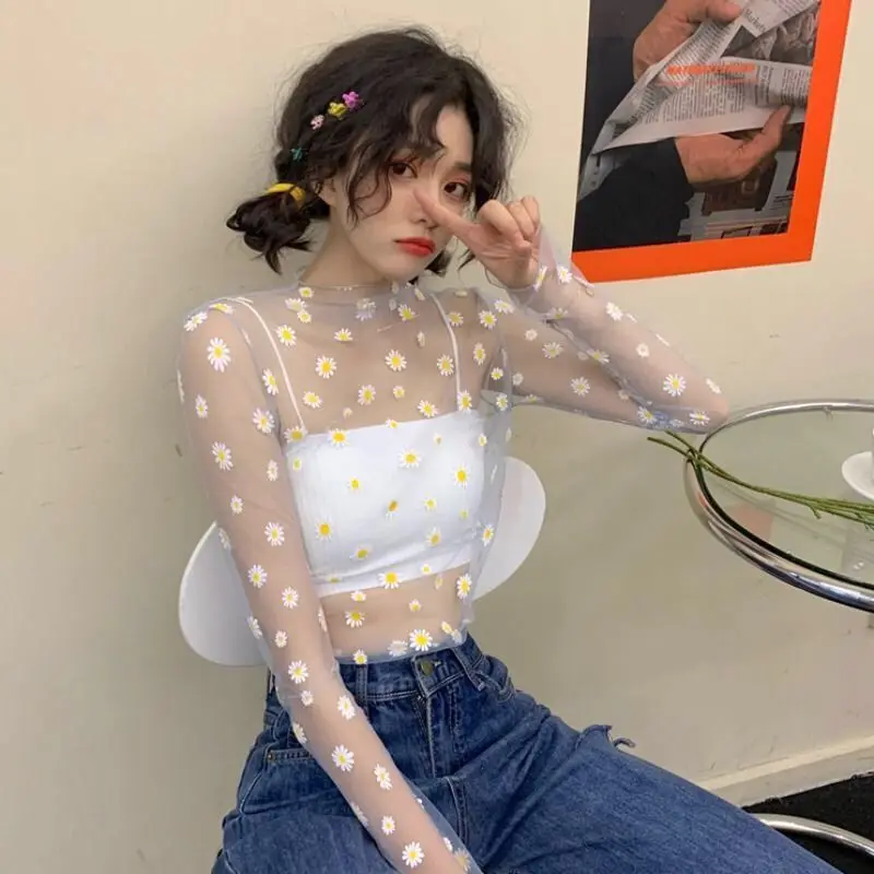 See Through Small chrysanthemum Mesh Gauze Tops Long Sleeve Transparent Sun Protection Ladies Turtleneck summer T-Shirt Top